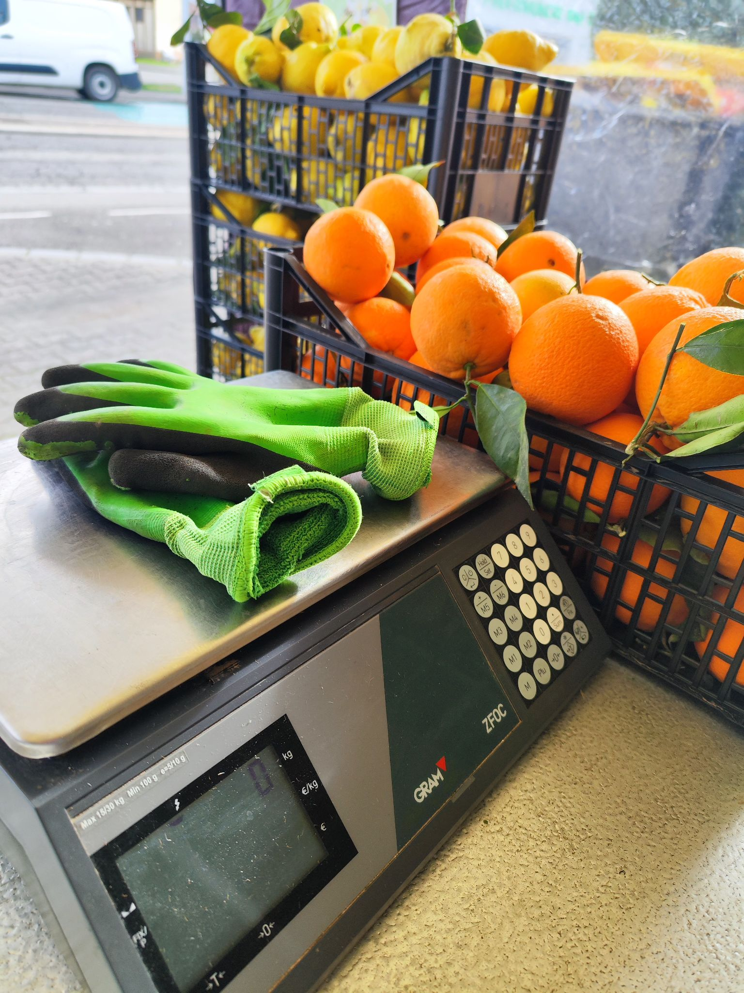 A close-up photograph of a pair of green gardening gloves on a metal scale, accompanied by crates of lemons and oranges.