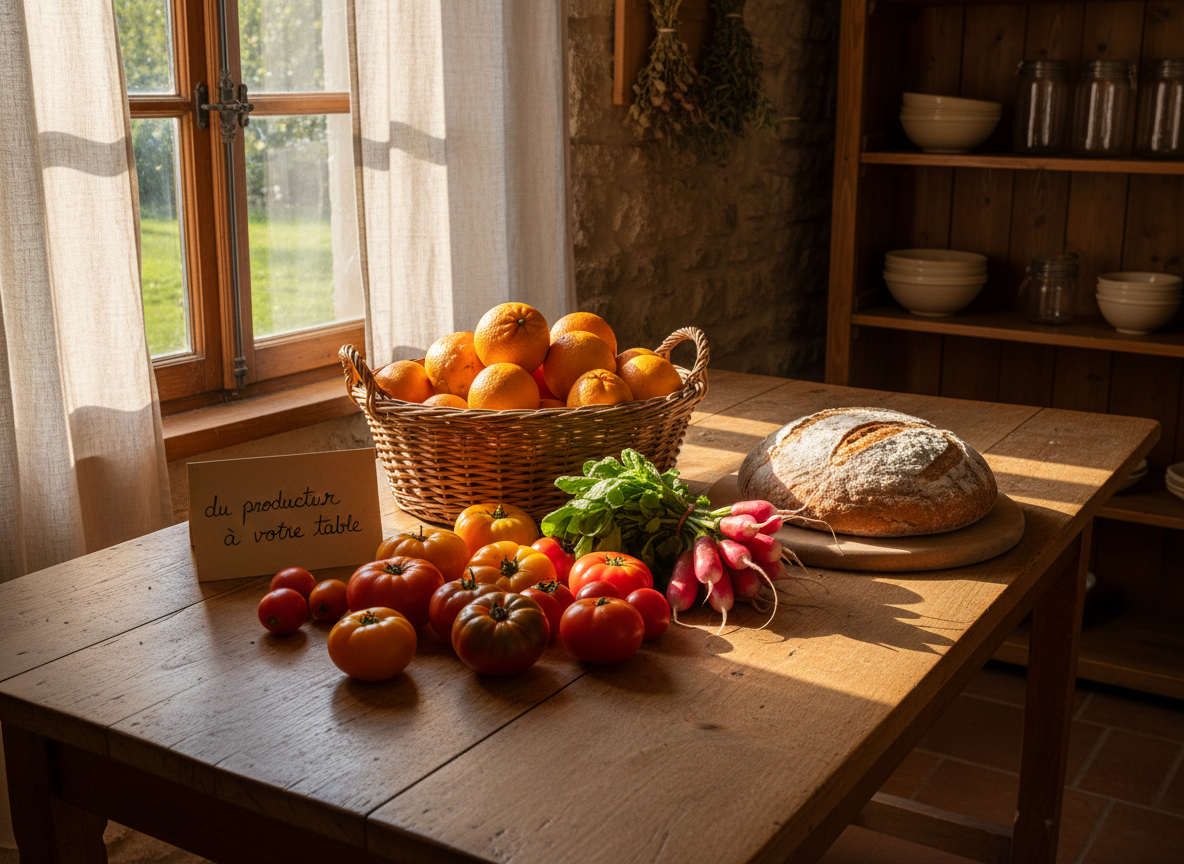An inviting still life of a wooden farmhouse table laden with fresh produce “du producteur à votre table”: a wicker basket filled with bright clementines and oranges, heirloom tomatoes in varied reds and yellows, bunches of crisp radishes, and a loaf of rustic country bread dusted with flour. The table sits beside a large window framed by simple linen curtains, in a cozy country kitchen with stone walls and wooden shelves in the background, no human presence. Late afternoon golden light pours in, creating warm highlights and long, soft shadows across the table. Photographic realism with a slightly elevated angle and balanced composition, evoking a professional yet nostalgic, “comme avant” atmosphere of honest, local food craftsmanship.