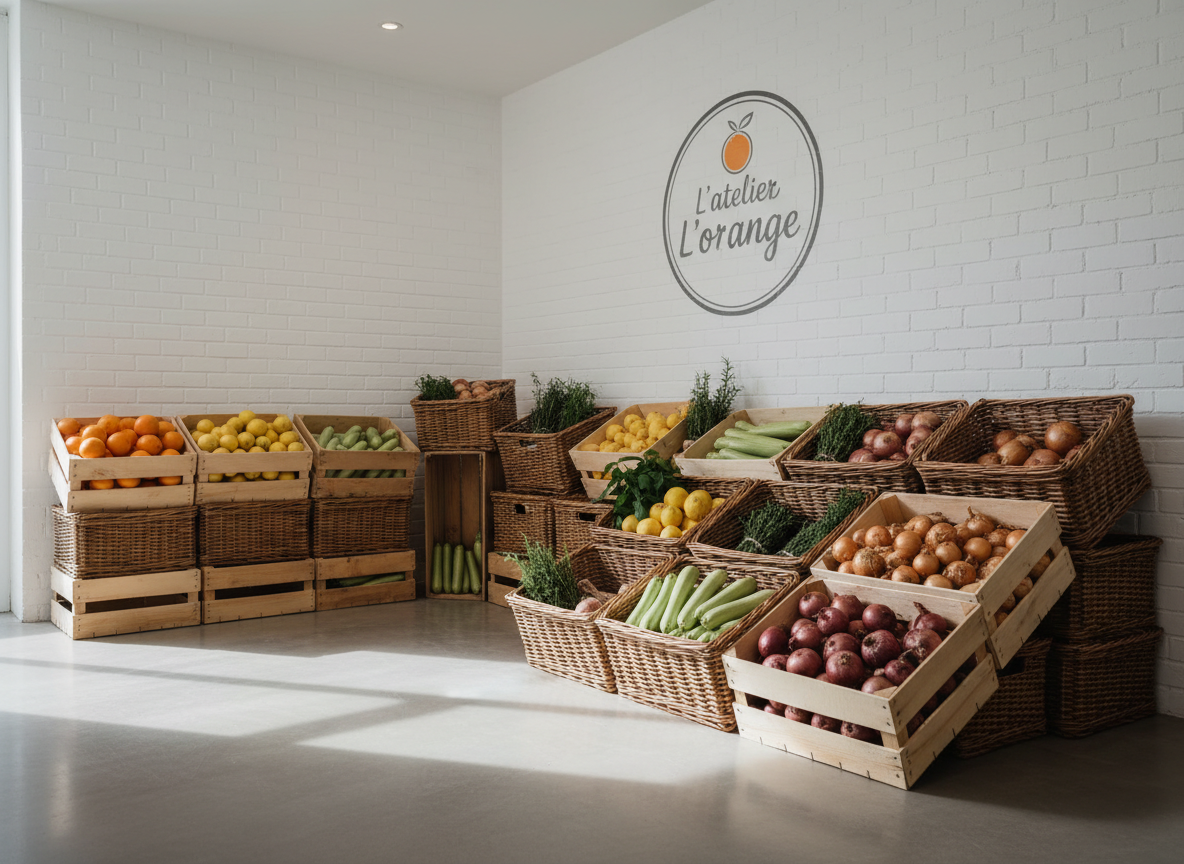 An elegant display of neatly stacked wooden crates and wicker baskets brimming with carefully sorted fruits and vegetables: bright oranges and lemons, pale green zucchinis, red and golden onions, and lush green herbs tied in small bunches. The scene is set in a small, impeccably kept indoor market space with a smooth concrete floor and whitewashed brick walls, featuring a discreet “L’atelier de L’orange” logo painted on the wall in the distance. Soft, diffused overhead lighting combines with gentle natural light from an unseen side window, producing even, flattering illumination and faint shadows. Captured in photographic realism with a wide-angle lens at eye level, emphasizing clean lines, orderliness, and a professional, trustworthy freshness-focused ambiance.